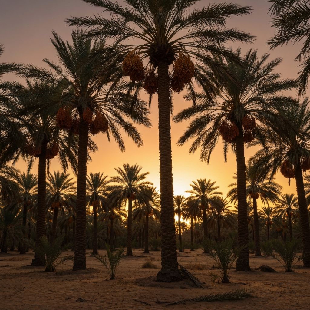 Date palm grove at sunset in the Jordan Valley
